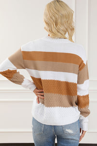 Chestnut Striped Cable Knit Drop Shoulder Sweater | Tops/Sweaters & Cardigans