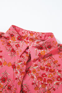 Rose Red Floral Print Wide Short Sleeve Loose Shirt | Tops/Blouses & Shirts