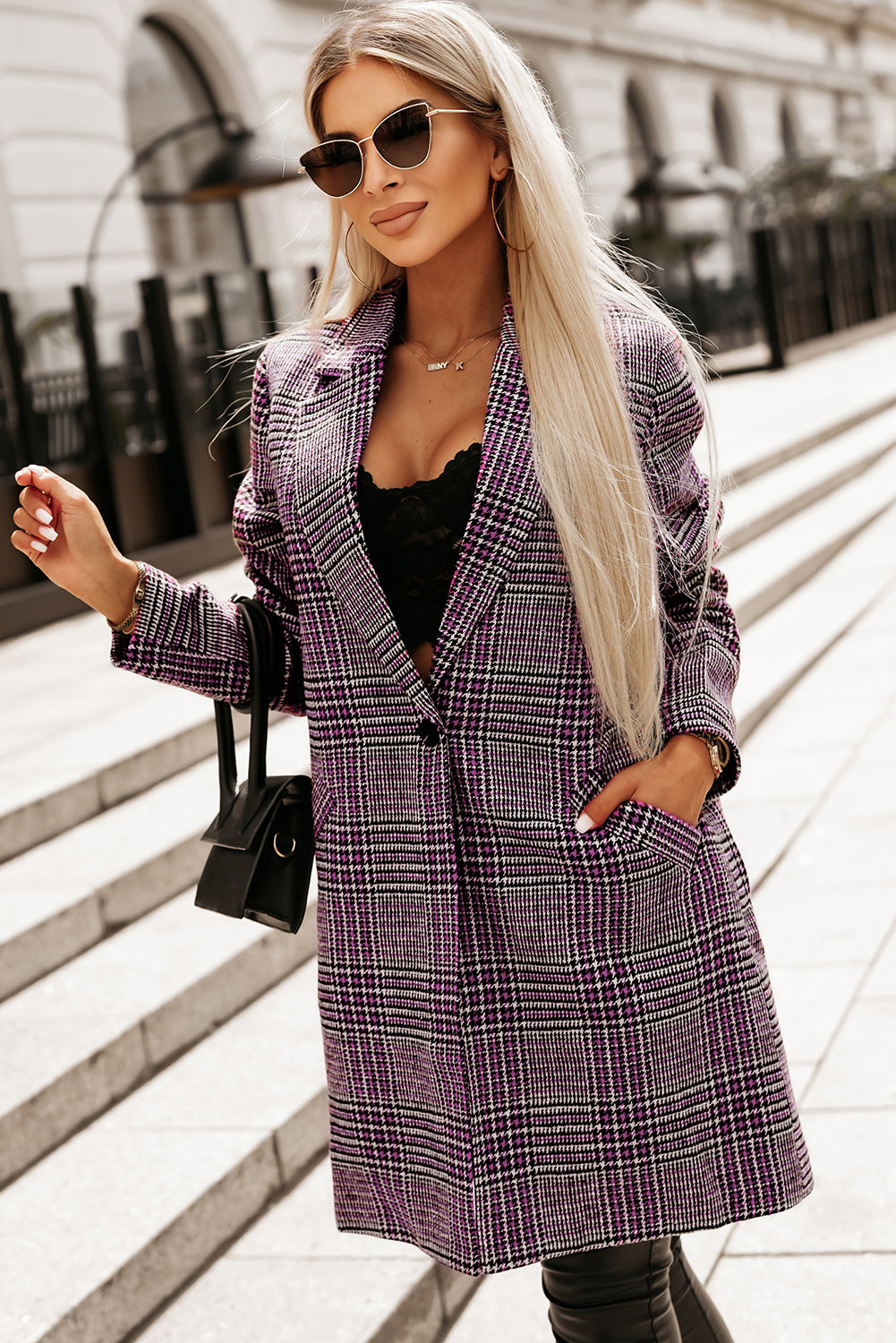 Pink Plaid Lapel Collar One Button Midi Coat | Outerwear/Coats