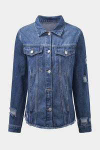 Blue Lapel Distressed Raw Hem Buttons Denim Jacket | Outerwear/Denim jackets