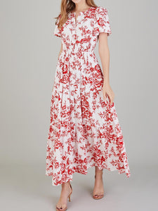 Tiered Floral Notched Short Sleeve Dress