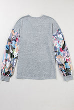 Load image into Gallery viewer, V Neck Top | Gray Floral Lantern Sleeve Patchwork Blouse
