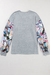 V Neck Top | Gray Floral Lantern Sleeve Patchwork Blouse