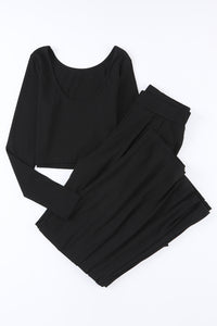 Black Solid Color Ribbed Crop Top Long Pants Set | Two Piece Sets/Pant Sets