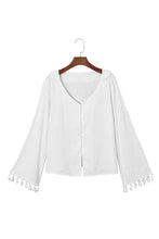 Load image into Gallery viewer, White V Neck Buttoned Tassel Bell Sleeve Shirt | Tops/Blouses &amp; Shirts
