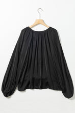 Load image into Gallery viewer, Black Tie V Neck Pleated Puff Sleeve Satin Blouse | Tops/Blouses &amp; Shirts
