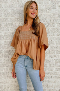 Brown Square Neck Wide Sleeves Flowy Top | Tops/Blouses & Shirts