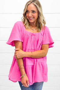 Bright Pink Textured Square Neck Flutter Sleeve Tiered Flowy Blouse | Tops/Blouses & Shirts