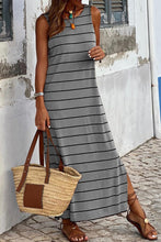 Load image into Gallery viewer, Gray Stripe Print Open Back Sleeveless Maxi Dress with Slits
