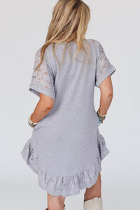 Light Grey Lace Floral Patchwork Ruffled T-shirt Dress | Dresses/T Shirt Dresses