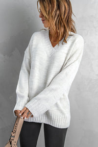 White V neck Drop Shoulder Sweater