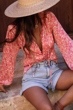 Load image into Gallery viewer, Pink Bubble Sleeve Floral Shirt with Lace up | Tops/Blouses &amp; Shirts
