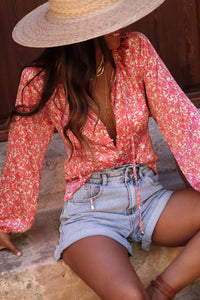 Pink Bubble Sleeve Floral Shirt with Lace up | Tops/Blouses & Shirts