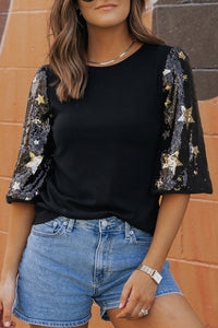 Sequin Top | Black Star Splicing Half Sleeve Top