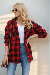 Drawstring Plaid Hooded Shacket