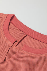 Patchwork Top | Mineral Red Exposed Seam Slit Neck Waffle Knit