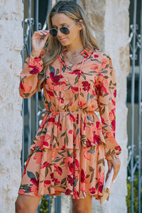 Fiery Red Frilled Collar Long Sleeve Floral Dress with Ruffle | Dresses/Floral Dresses