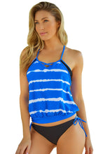 Load image into Gallery viewer, Light Blue Tankini with Stripes Patchwork | Swimwear/Tankinis
