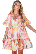 Load image into Gallery viewer, Mini Dress | Pink Geometric Print Ruffled Short Sleeve
