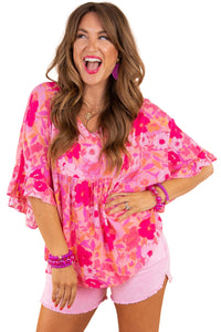 Rose Floral Print Ruffled Half Sleeve Plus Size Babydoll Blouse | Plus Size/Plus Size Tops/Plus Size Blouses & Shirts