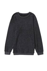 Pullover Sweatshirt | Black Solid Ribbed Knit Round Neck