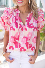 Load image into Gallery viewer, Pink Split Neck Ruffled Puff Sleeves Floral Top | Tops/Tops &amp; Tees
