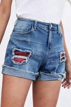 Load image into Gallery viewer, Plaid Patchwork Rolled Hem Denim Shorts | Bottoms/Denim Shorts
