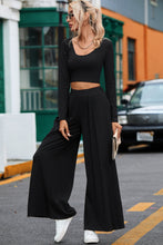 Load image into Gallery viewer, Black Solid Color Ribbed Crop Top Long Pants Set | Two Piece Sets/Pant Sets
