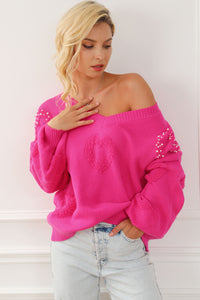 Rose Red Fuzzy Hearts V Neck Sweater