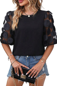 Half Sleeve Blouse | Black Contrast Applique Mesh Top