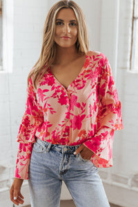 Womens Bodysuit | Pink Floral Print Tiered Bell Long Sleeve Buttoned Bodysuit | Tops/Bodysuits