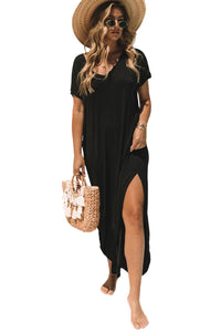 Black V Neck Hidden Pocket Splits Maxi T-shirt Dress | Dresses/T Shirt Dresses