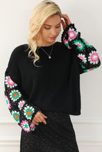 Load image into Gallery viewer, Black Floral Crochet Bell Sleeve Loose Sweater | Tops/Sweaters &amp; Cardigans
