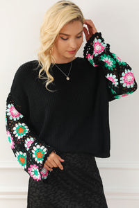 Black Floral Crochet Bell Sleeve Loose Sweater | Tops/Sweaters & Cardigans