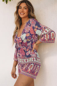 Women Romper | Purple Vintage Printed 3/4 Sleeves V Neck Romper | Bottoms/Jumpsuits & Rompers