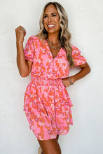 Load image into Gallery viewer, Pink Floral V Neck Short Ruffle Tiered Dress | Dresses/Floral Dresses
