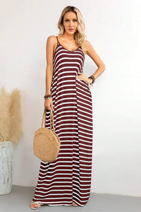 Maxi Dress | Red Stripe Side Pockets Spaghetti Straps Dress