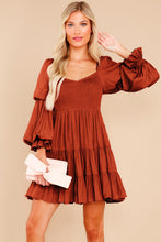 Load image into Gallery viewer, Brown Boho Solid Shirred Ruffle Mini Dress | Dresses/Mini Dresses
