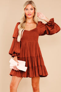 Brown Boho Solid Shirred Ruffle Mini Dress | Dresses/Mini Dresses