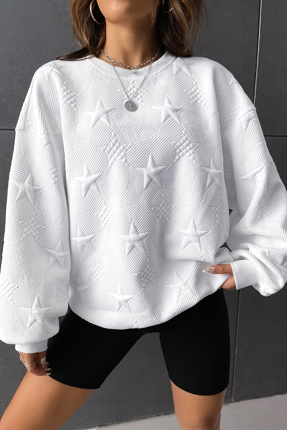 White Star Sweatshirt |  Embossed Drop Shoulder Sweatshirt