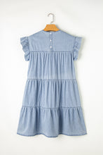 Load image into Gallery viewer, Denim Dress | Blue Ruffle Short Sleeve Tiered A-line Dress
