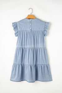 Denim Dress | Blue Ruffle Short Sleeve Tiered A-line Dress