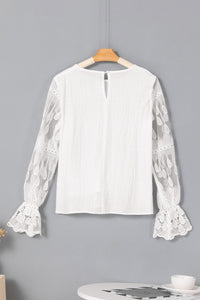 Mesh Blouse | Beige Embroidered Flounce Sleeve Top