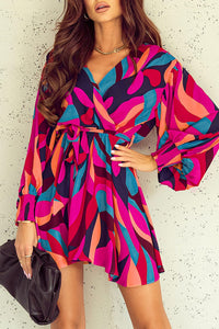 Fiery Red Abstract Printed Belted Puff Sleeve Mini Dress | Dresses/Mini Dresses