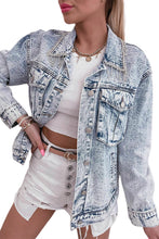 Load image into Gallery viewer, Mist Blue Retro Rhinestone Fringed Collar Light Wash Denim Jacket
