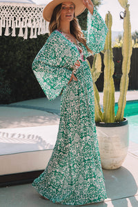 Maxi Dress | Green Abstract Pattern Print V Neck High Waist