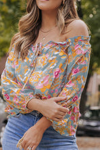 Load image into Gallery viewer, Blue Frilled Off Shoulder Floral Blouse | Tops/Blouses &amp; Shirts
