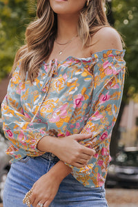 Blue Frilled Off Shoulder Floral Blouse | Tops/Blouses & Shirts