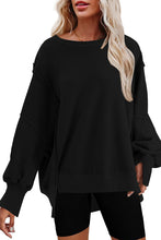 Load image into Gallery viewer, Black Exposed Seam Drop Shoulder Slit High Low Hem Sweatshirt | Tops/Sweatshirts &amp; Hoodies
