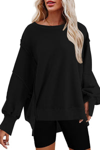 Black Exposed Seam Drop Shoulder Slit High Low Hem Sweatshirt | Tops/Sweatshirts & Hoodies